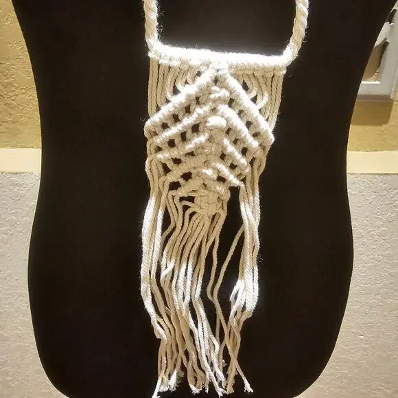 Macramé Necklace & Earring Set Boho Fringe Statement Natural Fiber Jewelry - Picture 5 of 7